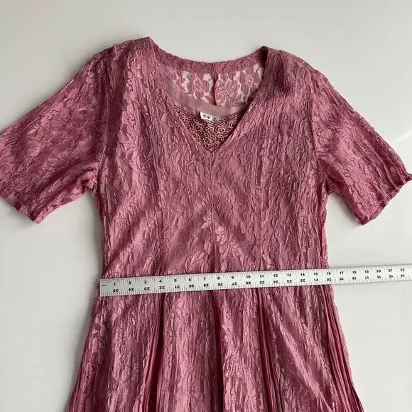 Together! VTG Lace Crinkle Rayon Overlay Layered Short Sleeve Rose Maxi Dress 10